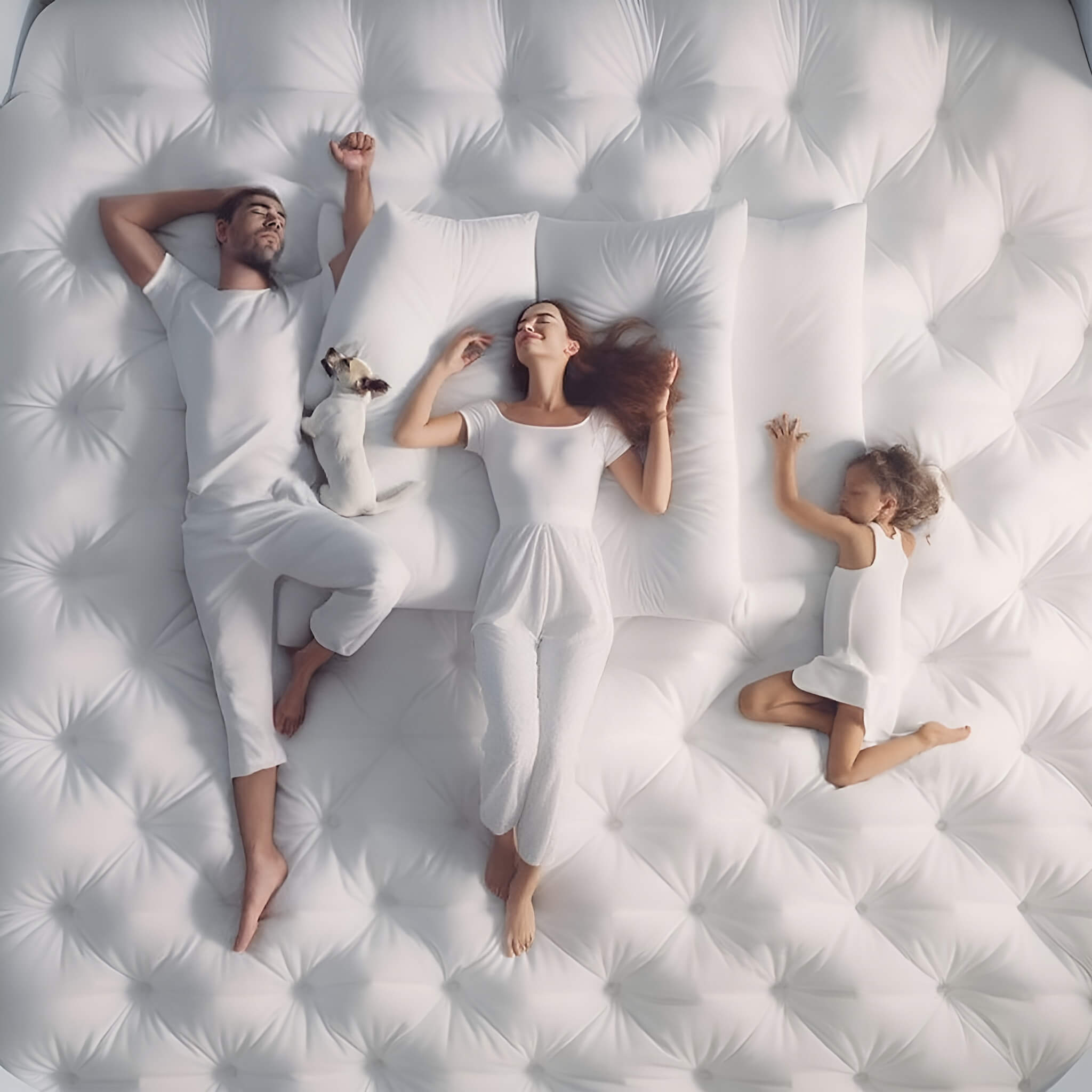 Egy család fekszik egy hatalmas matracon a kiskutáyjukkal