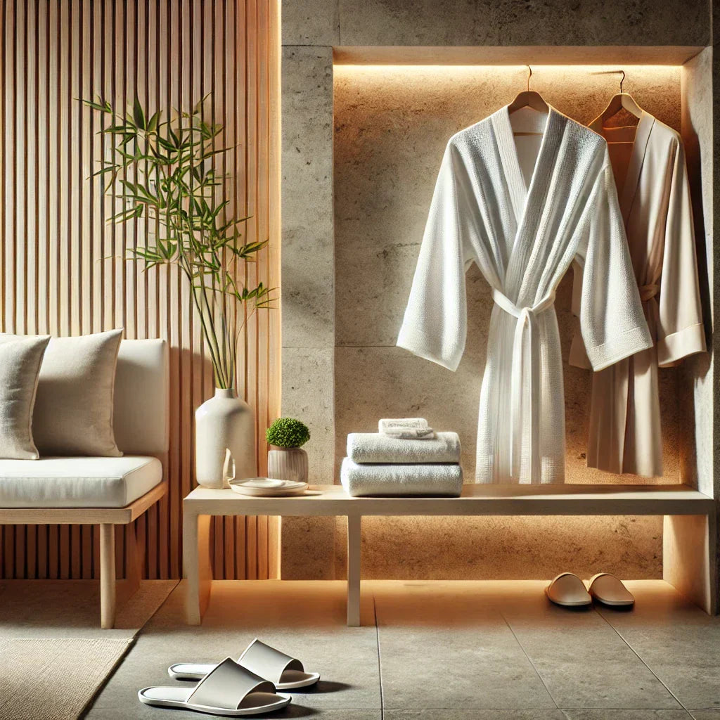 Szállodai köntösök, törölközők és papucsok egy szállodai wellnessben
