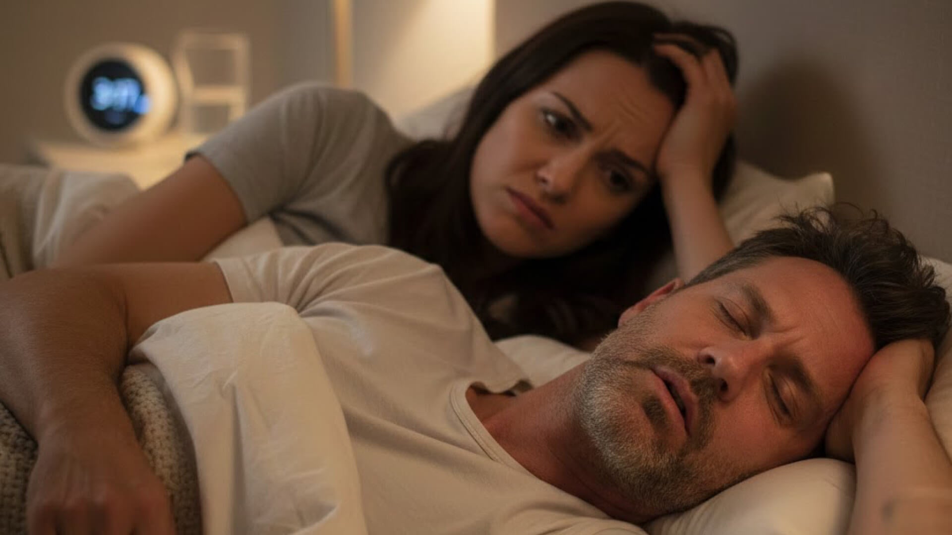 Egy férfi alvási apnoéban szenved, ami miatt a felesége nem tud aludni és idegesen néz a férjére