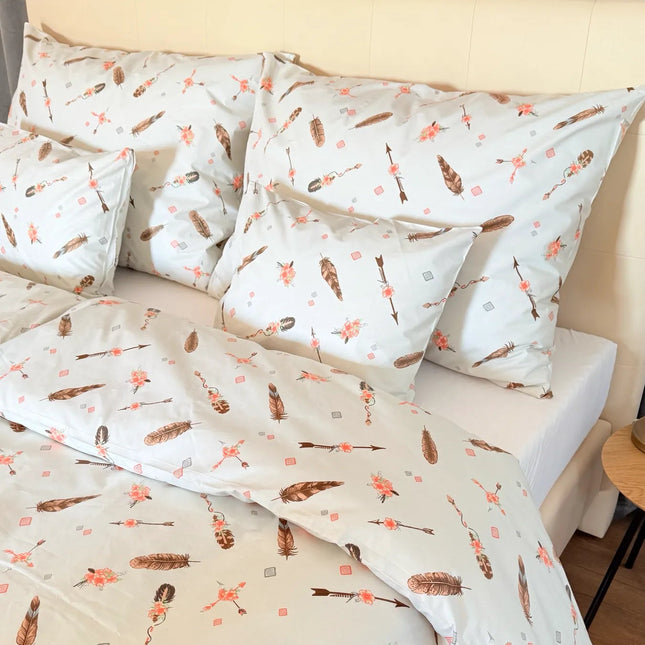 Pamut ágyneműhuzat garnitúra - Korall bohém toll virágokkal